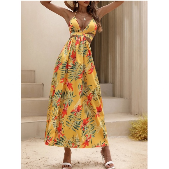 Yellow Boho Tropical Print Backless Maxi Dress V-Neck Floral Flared - Picture 3 of 9
